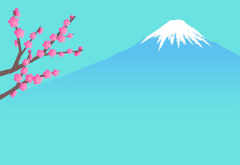 ブルーグリーンの背景に紅梅と富士山のポストカードイラスト　横型