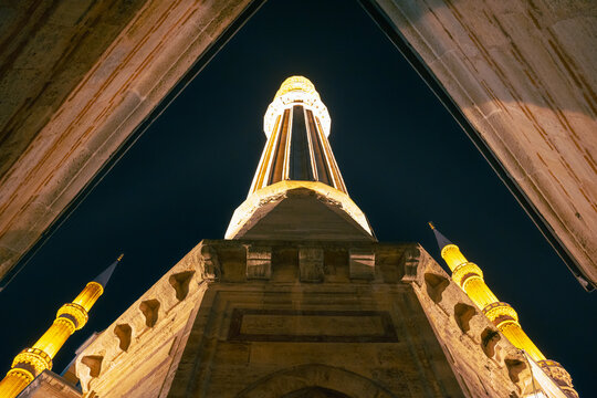 Selimiye Mosque. Minaret Of Edirne Selimiye Mosque At Night