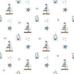 Fototapeta na wymiar Seamless pattern with fish, sailboat, starfish. Marine theme. Can be used as seamless patterns for fabric, wrapping paper and home décor like pillow covers, curtains or wallpaper, phone covers.