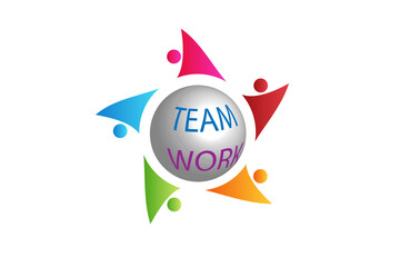 Logo teamwork people unity social media workers group of friends around teamwork text vector image graphic illustration clipart design