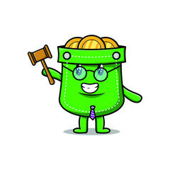 Cute cartoon mascot character wise judge pocket wearing glasses and holding a hammer 