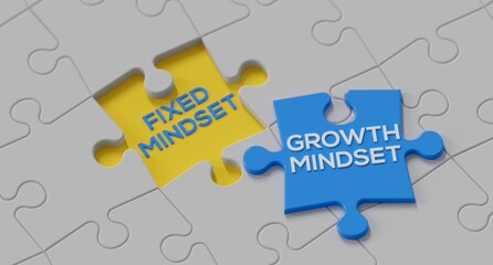 Growth Mindset word on a puzzle piece about to fill in a hole marked Fixed Mindset