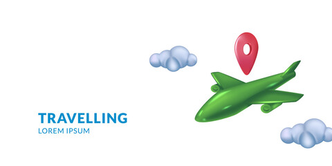 3d green cute airplane with pin illustration concept for traveling