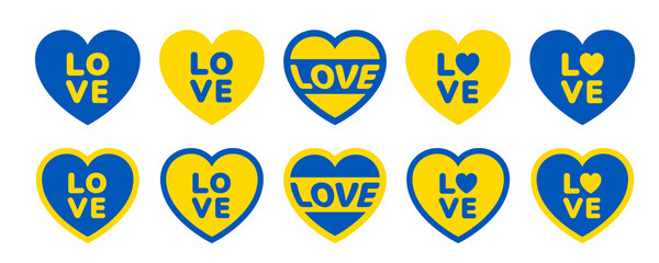 Heart contour stickers with love and Ukrainian flag colors. Icon vector design elements for decoration design. Modern concept is perfect for patriot sticker and icon