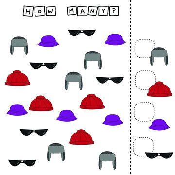 How many counting game with colorful hat and sunglasses. Preschool worksheet, kids activity sheet, printable worksheet
