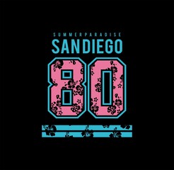 SANDIEGO stylish t-shirt and apparel modern design with tropical leaves, typography, print, vector illustration. Global swatches.