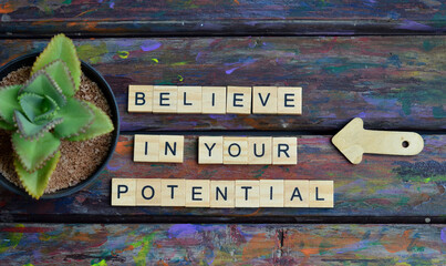 believe in your potential text on wooden square, business and motivation quotes