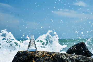 Glass bulb. Sea shore. Waves hit the stones.