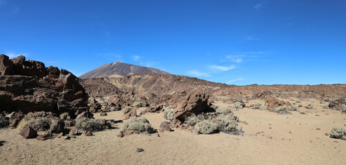 Panoramic view of the rock filled landscape with the summit of El Teide in the background 