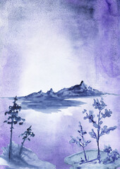 Poster with watercolor blue, purple background with mountains, trees, lakes. Suitable for greeting cards, invitations, design works, crafts and perfect for invitation card template, poster, printing, 