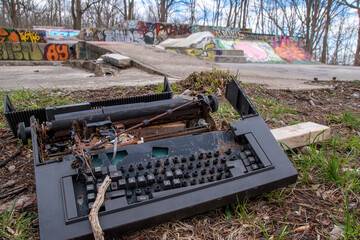 An old typewriter sits in the foreground of an abandoned skate park nestled in a forest at the top...