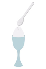 The egg is broken with a teaspoon. A crack in the eggshell. A soft-boiled chicken egg in a glass-shaped egg stand. Color vector illustration. Serving boiled eggs for breakfast. Isolated background. 