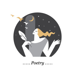Poetry, literature, copywriting. The figure of a poet, writer, writer of poetry against the background of the night sky. Literary creativity.