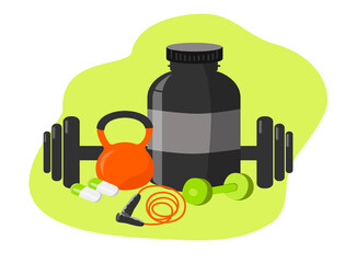 vector illustration in a flat style on the theme of sports, sports nutrition, gym. Kettlebell, barbell, jump rope, dumbbell
