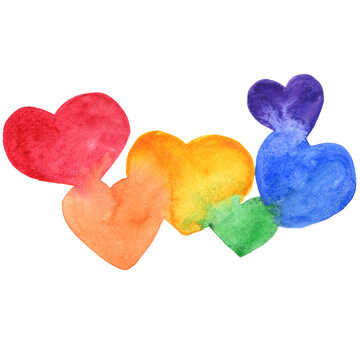 Colorful rainbow hearts banner watercolor illustration for decoration on fairy tales and LGBTQ concept.
