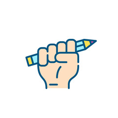 Artist and designer icon. Hand holding up a pencil. Pixel perfect, editable stroke line color icon