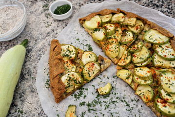 Delicious vegetarian pizza on desk.