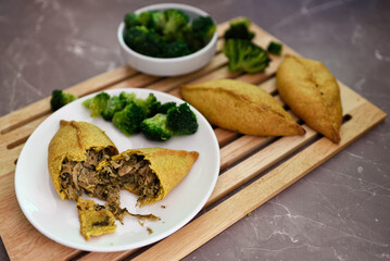 Delicious deep-fried vegetarian empanadas.