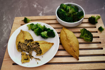 Delicious deep-fried vegetarian empanadas.