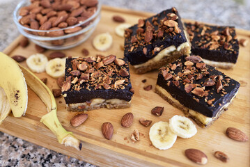 Sweet home made chocolate almond cake on a table.