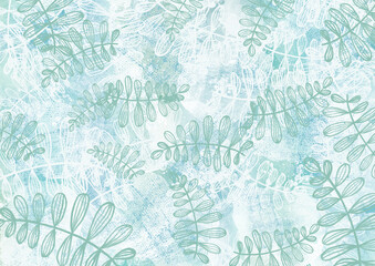 Watercolor provence summer Background. Green and turquoise tropical leaves. Multicolor abstract Backdrop with colorful leaves