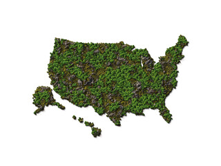 3D rendering green forest mountain of the USA, American green map on white background, Save nature, environment, earth. all nations to work together to tackle climate change,  Environment day Concept
