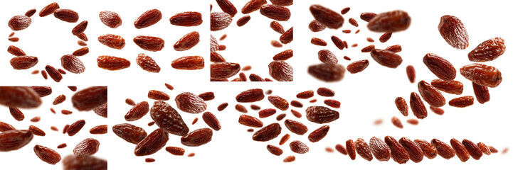 A set of photos. Dried dates levitate on a white background