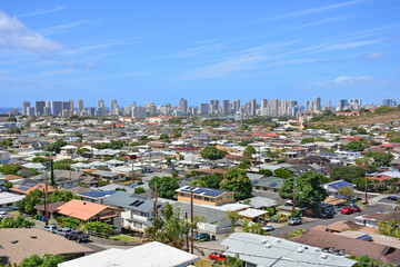 View overlooking residential housing in Palolo valley in Honolulu on Oahu, Hawaii