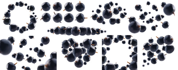 A set of photos. Blackcurrant berries levitate on a white background