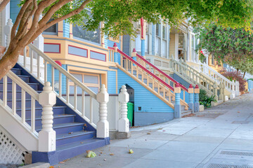 Townhomes entrance exterior with colorful stairs at San Francisco, California