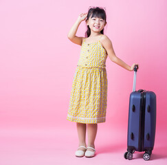 Image of Asian child with suitcase, summer concept