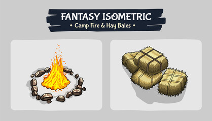 Isometric Fire and  Hay Bales Fantasy game assets - Vector Illustration © BonkersArt