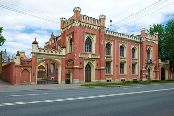 The ancient building of the city post office (1854) on a cloudy May day. Peterhof