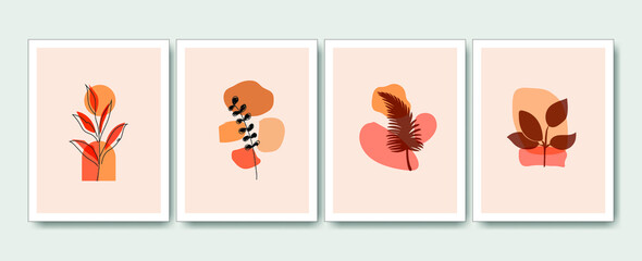 Fototapeta na wymiar Botanical wall art vector set. This art is formed from basic shapes, plants, and solid colors. This design can be used for print, cover, wallpaper, and others.