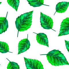 Seamless pattern with bright green leaves of various sizes hand-painted in watercolor on a white background.