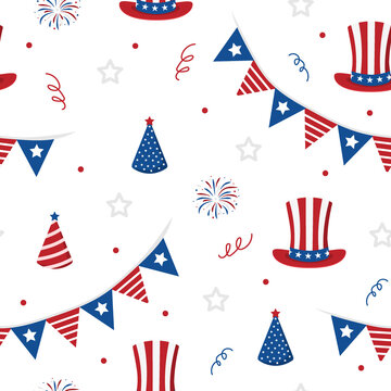 Independence Day of USA. Seamless pattern with festive elements. Holiday background for 4th of July celebration. National Freedom Day. Vector illustration in flat cartoon style.