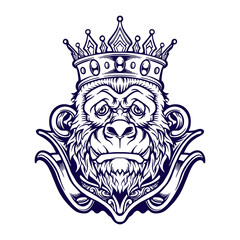 Zombie gorilla with king crown monochrome vector illustrations for your work logo, merchandise t-shirt, stickers and label designs, poster, greeting cards advertising business company or brands