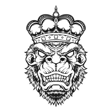 Angry king kong with gorilla crown ornate monochrome