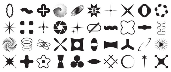 Collection of geometric shapes on white background. Abstract black color icon element of star, sparkling, different shapes, moon, sun. Icon graphic design for decoration, logo, business, ads.