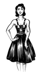 Pretty woman in dress. Ink black and white drawing