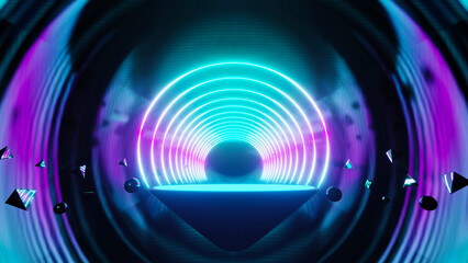 3d abstract neon background, geometric background with polygonal structure, cyber space virtual reality, Podium show products, place for product, colored neon lights, retro sci-fi style