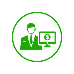 Cash, male, money, male, user icon. Green vector sketch.