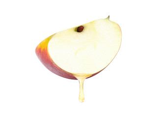 Fresh red apple with apple cider vinegar or apple juice dripping isolated on white background.