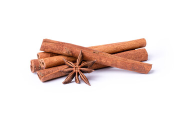Cinnamon sticks and star anise spice  isolated on white background. 