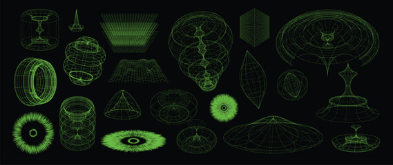 Collection of futuristic cyberpunk style elements. Geometric wireframe of circle, earth, distortion, grid with green color. Retro graphic on black background for decoration, business, cover, poster.