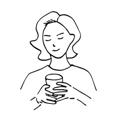 Simple black outline vector drawing. Young woman with closed eyes holds a glass with a drink with two hands. Sketch in ink. Morning coffee.