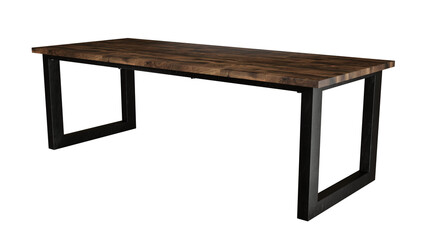 wooden lacquered table with black metal legs on white background standing side view 3d rendering