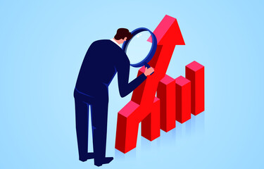 Business investment profit growth, financial advisor financial management, increasing income concept, isometric businessman holding magnifying glass exploring growing bar graph chart, businessman inve