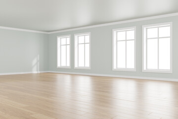 3d rendering of white empty room and wooden floor. Contemporary interior background.