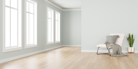 3d render of armchair and interior plants in white contemporary room.